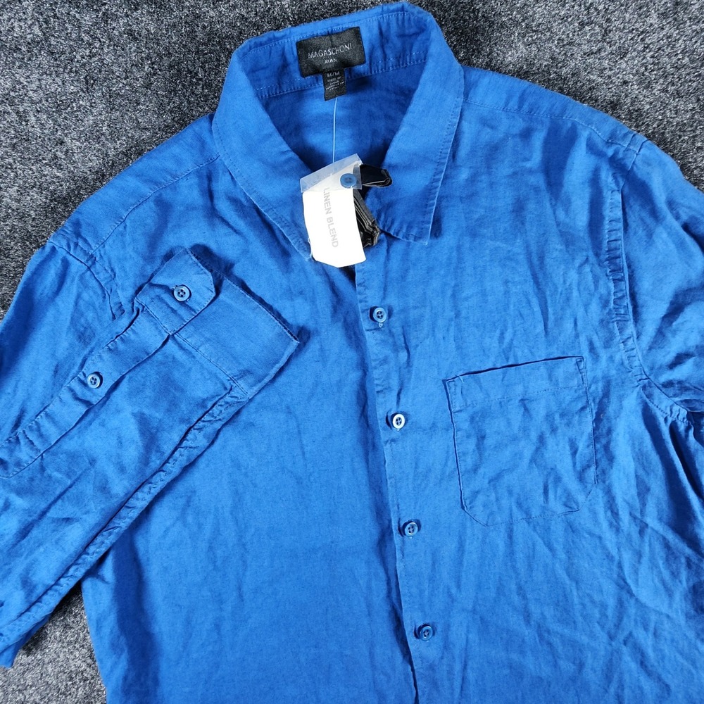 Magaschoni Blue Linen Blend Button Down Shirt Mens Medium Long Sleeve Pocket
